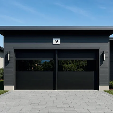 Two black garage doors with a continuous dark glass band