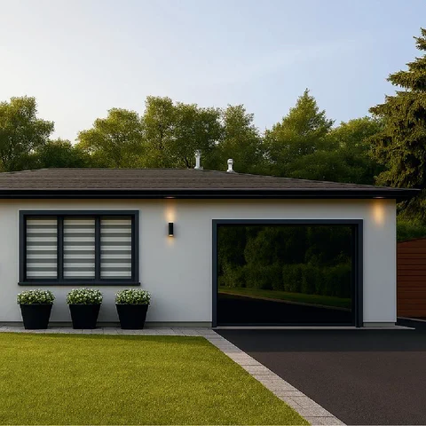 Minimal black glass garage door on a modern garden studio