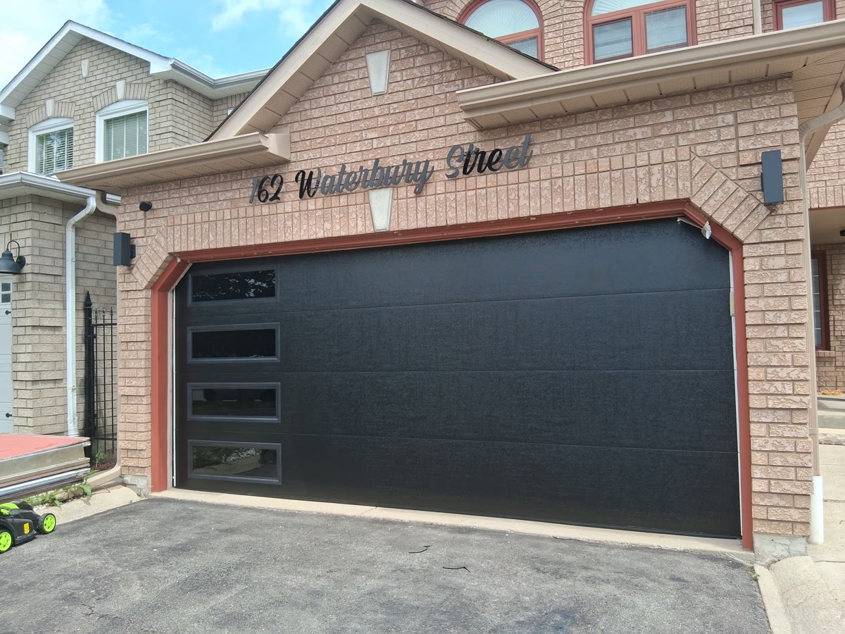 Black modern single garage door with narrow horizontal windows